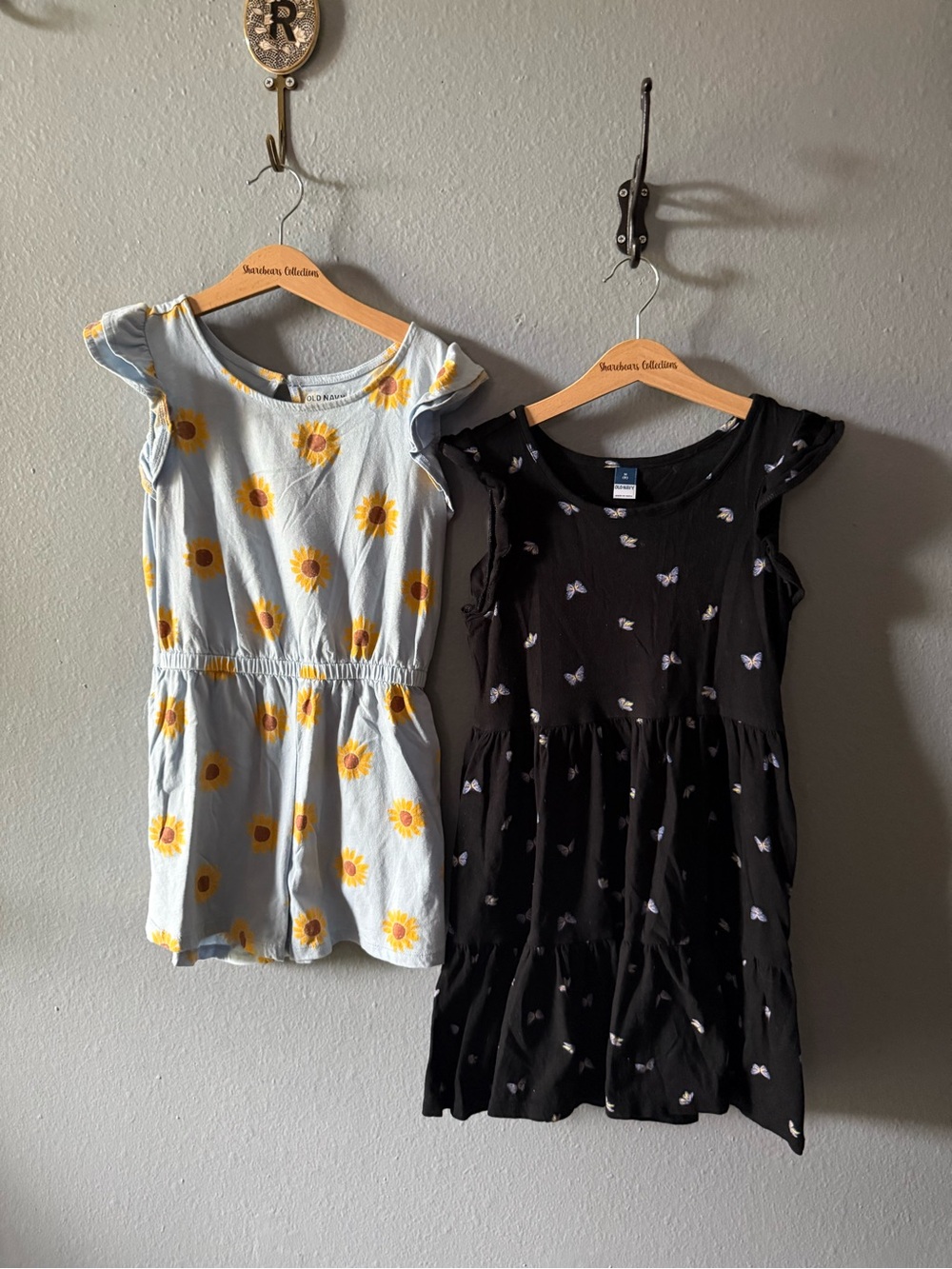Old Navy Light Blue Sunflower Romper & Black Butterfly Dress Set